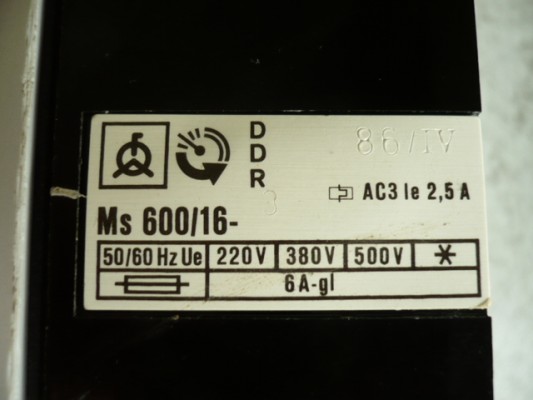 Hauptschalter Motorschutzschalter MS600/16 EAW VEB DDR Hebebühne Säge E 1,6-2,5A