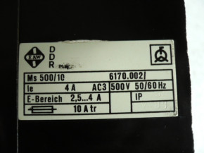 Hauptschalter 2,5-4 A Motorschutzschalter MS500/10 EAW VEB DDR Takraf Lunzenau